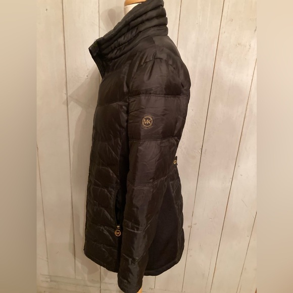 Michael Kors MK Women's Puffer Jacket Coat Black Gold Logo Zipper Pulls Long S-M - Picture 6 of 8